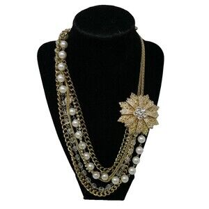 Darlene Goldtone Faux Pearl Crystal Rhinestone Large Pendant Necklace